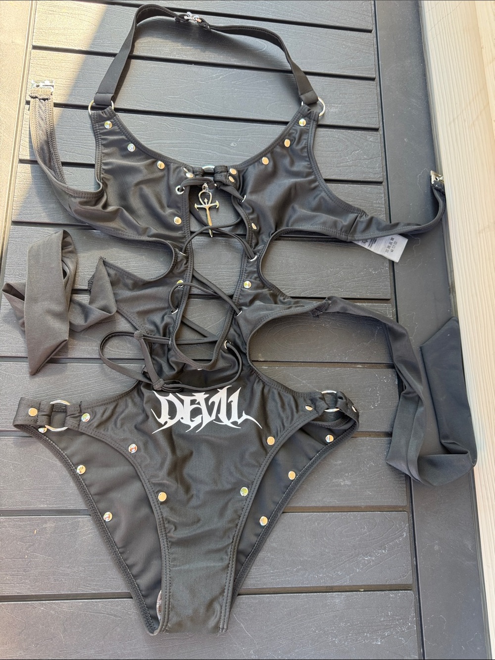 Black 'Devil' Studded Lace-Up  One Piece Swimsuit